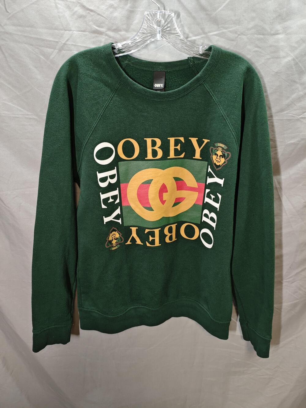 Obey Sweater Mens Medium Green Crewneck Logo Graphic Made In USA Streetwear GG97